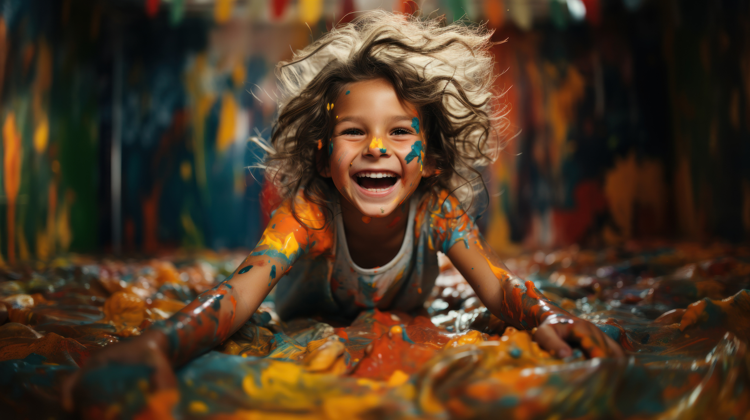 Happy laughing boy smeared in colourful paint created with generative AI technology. High quality illustration